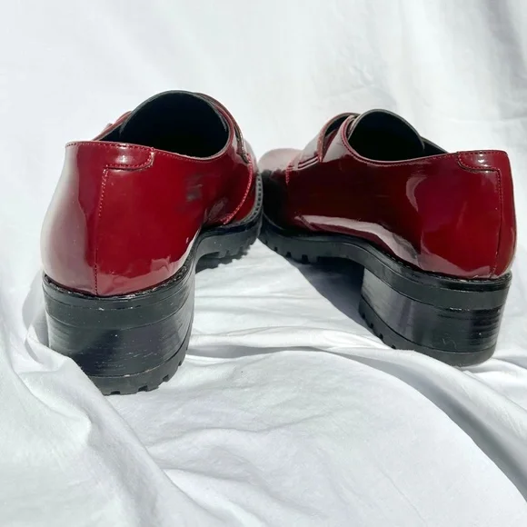Burgundy Patent Faux Leather Chunky Rubber Sole Loafer w Metal Hardware - Picture 5 of 6